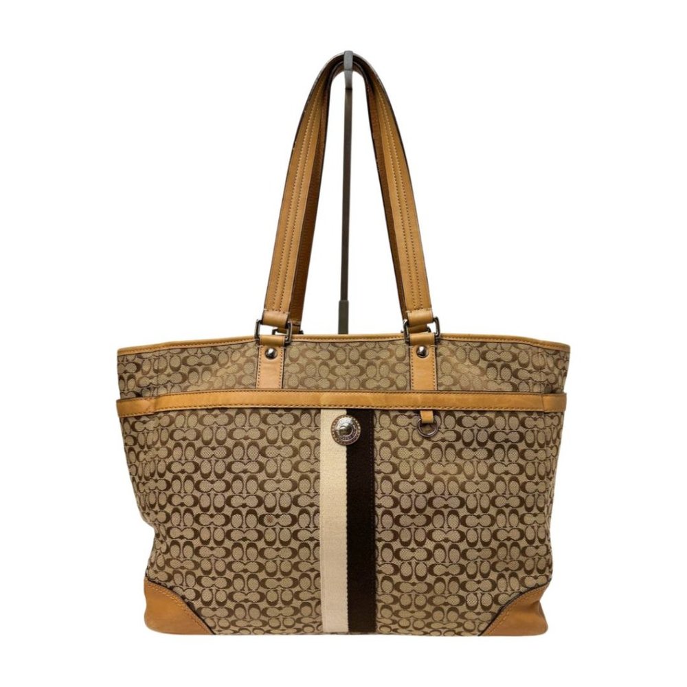 Coach F13813 Voyager Beige Tote Canvas & Leather Tote Tan Brown